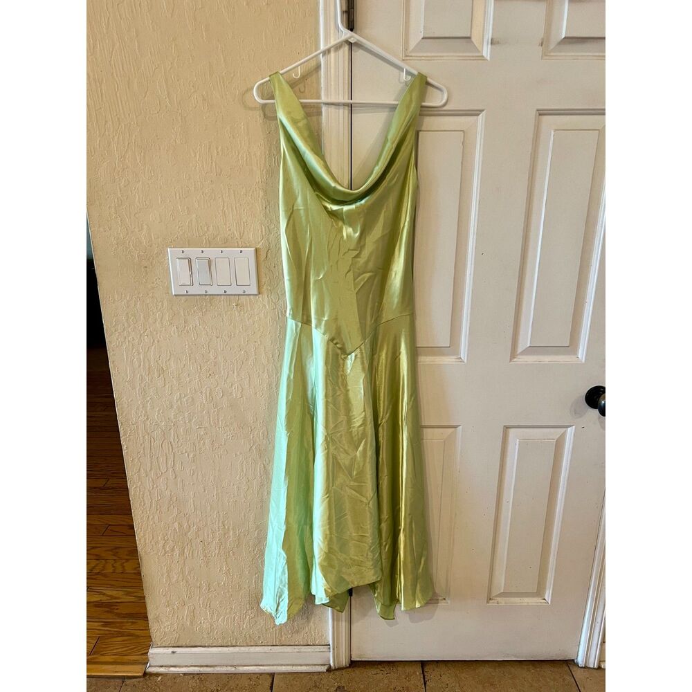 Holiday Party Dress Vintage Bari Jay Lime Satin Cowl Neck Midi Dress Fairycore